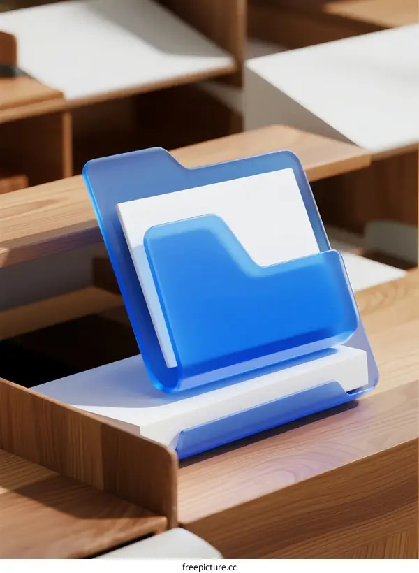 A Blue Folder with Documents on Wooden Office Desk