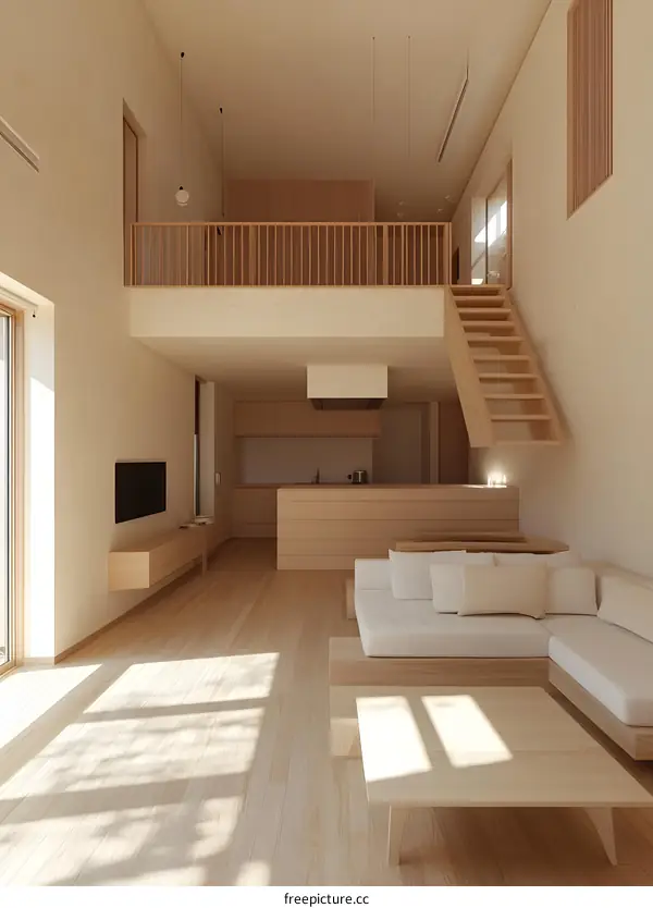 Modern Minimalist Living Room Interior Design with Wooden Floor and Stairs