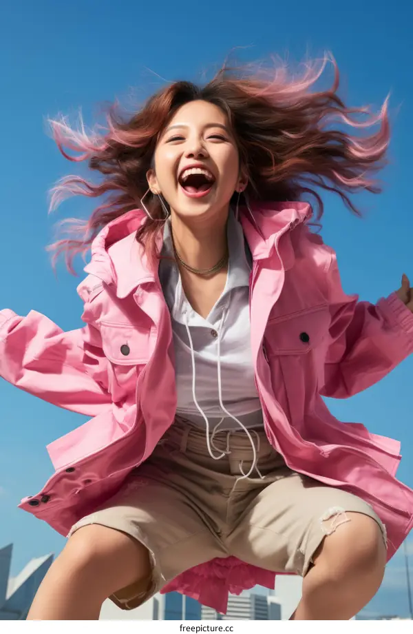 Portrait of a joyful young Asian woman jumping in the air with her arms outstretched