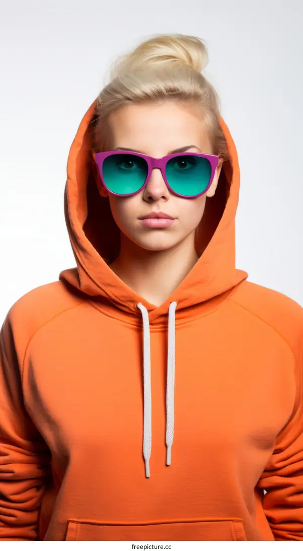 Portrait of a young blonde woman wearing an orange hoodie and sunglasses