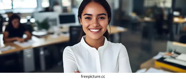 Smiling Hispanic Businesswoman with Arms Crossed in Office