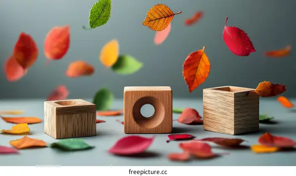 Autumn Leaves and Wooden Cubes Composition