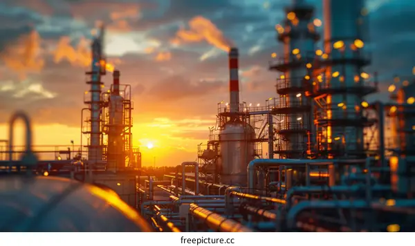 Oil and gas pipelines and valves at sunset