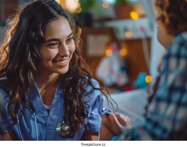 A young female doctor is smiling at a patient while holding a penlight in her hand