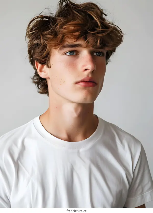 Portrait of a young man with freckles and blue eyes