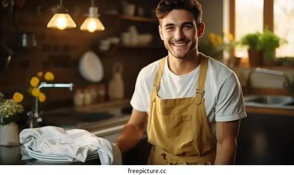 Young male chef in apron standing in kitchen and smiling