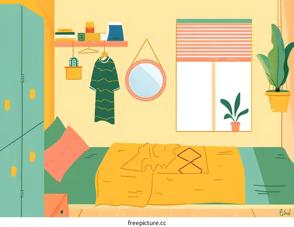 Cute Hand Drawn Illustration of a Cozy Bedroom with a Bed, Mirror, Window, and Plants