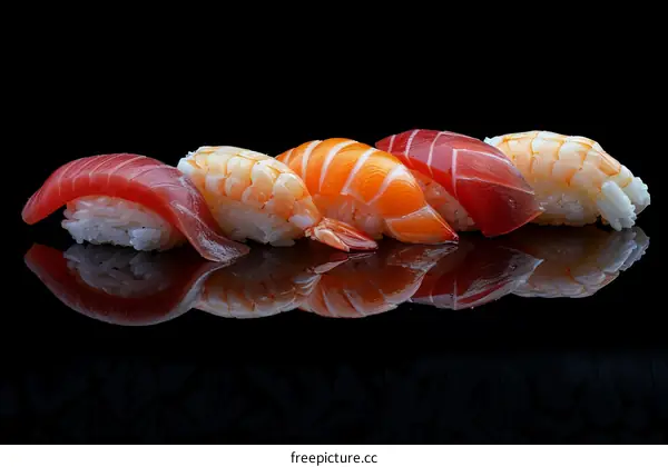 A variety of sushi including tuna, salmon, and shrimp