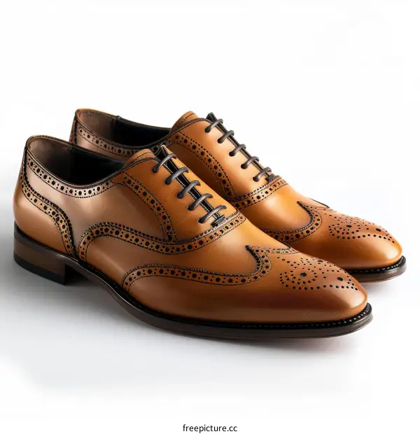 A pair of brown leather shoes with black laces and a brogue pattern