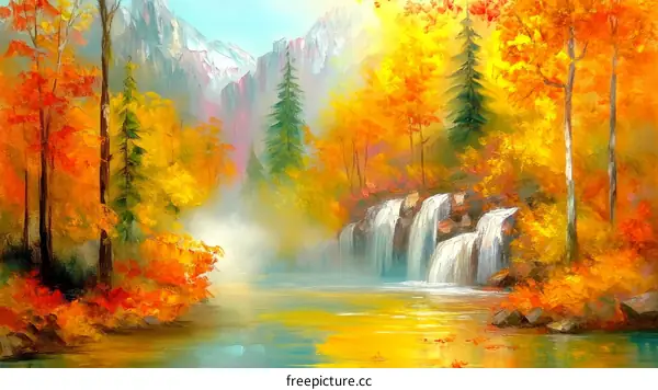 Autumn Waterfall Landscape Painting