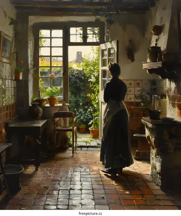 A woman standing in a kitchen doorway looking out into a garden