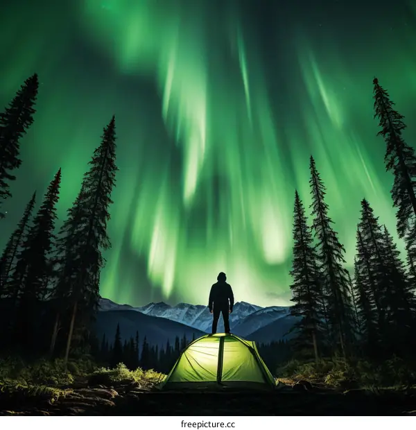 Aurora borealis over a tent in the wilderness