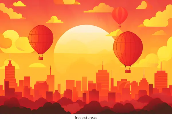 Hot Air Balloons Flying Over City Skyline at Sunset