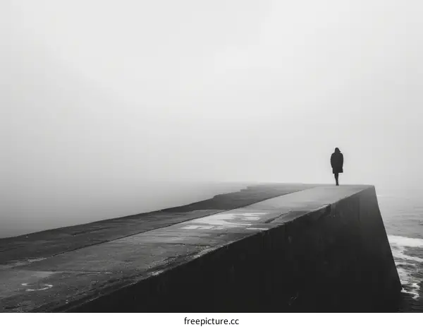 A Person Walking Away on a Pier into the Fog