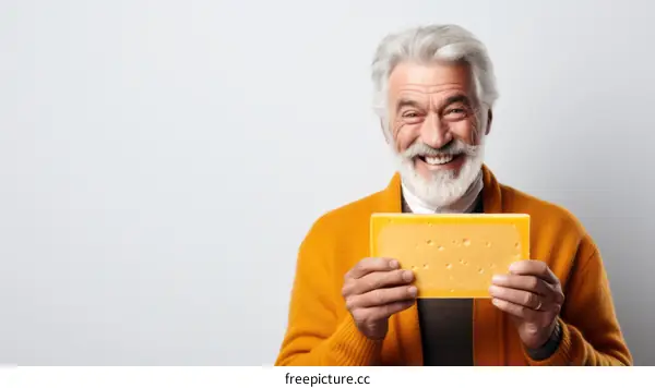 Happy senior man holding a big block of cheese