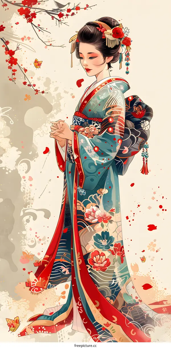 A beautiful Japanese woman in a kimono standing under a cherry blossom tree.