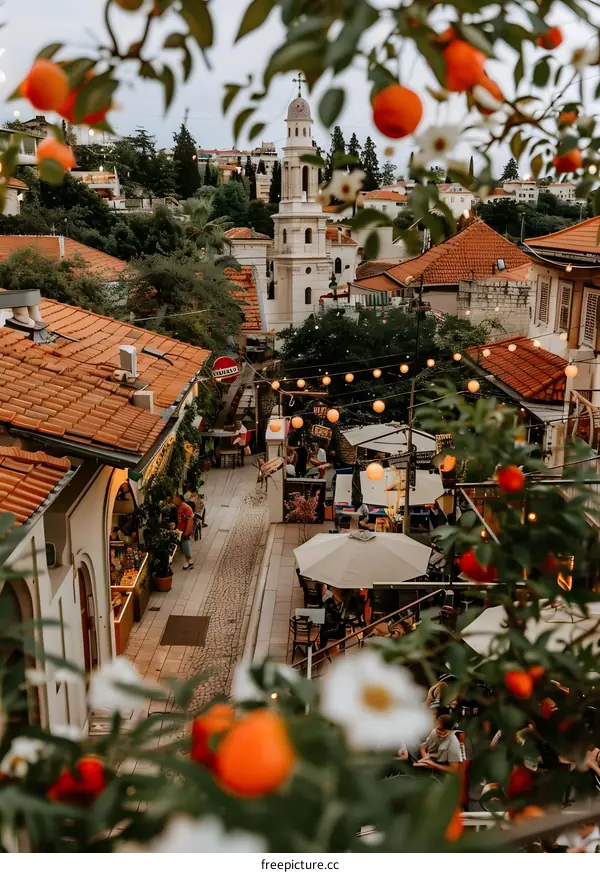 European City Street View with Church in Background