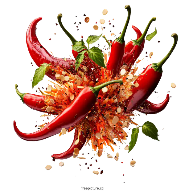 [Transparent Background PNG]Chili Peppers Exploding with Spices and Herbs