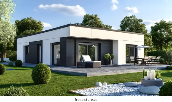 Modern Minimalist House with Green Grass and White Stone Patio