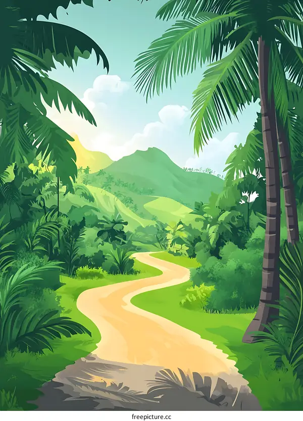 Tropical Jungle Path with Winding Road and Lush Green Foliage