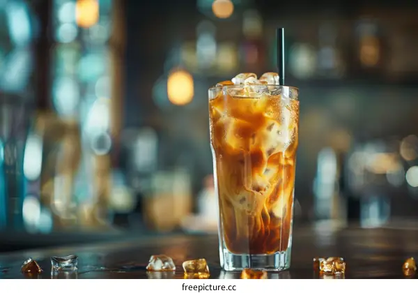 Refreshing Iced Coffee in a Glass on a Bar Counter