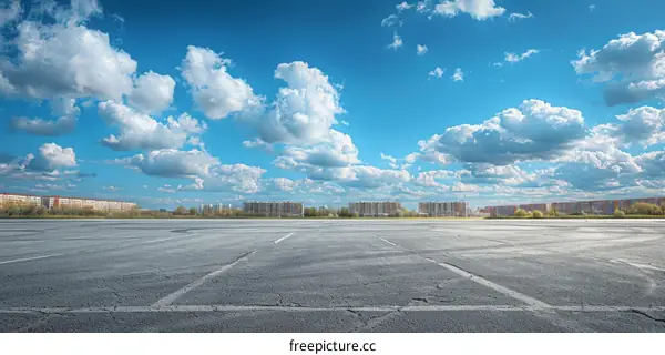 Empty asphalt road and city skyline under blue sky