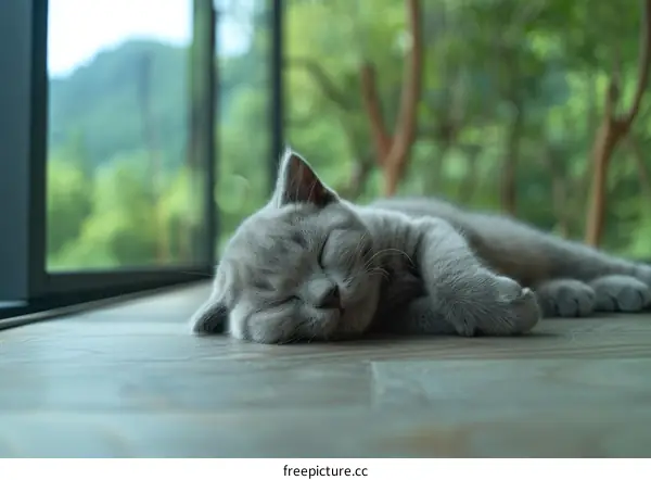 Cute Gray Kitten Sleeping on the Floor