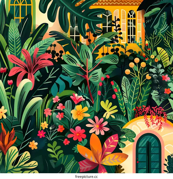 Tropical Garden Illustration With Yellow House and Door