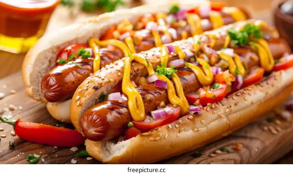 Hotdog with mustard, ketchup and fresh vegetables