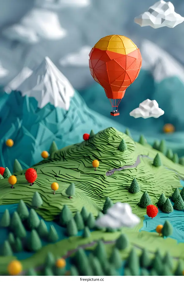 Low Poly Hot Air Balloon over Mountains