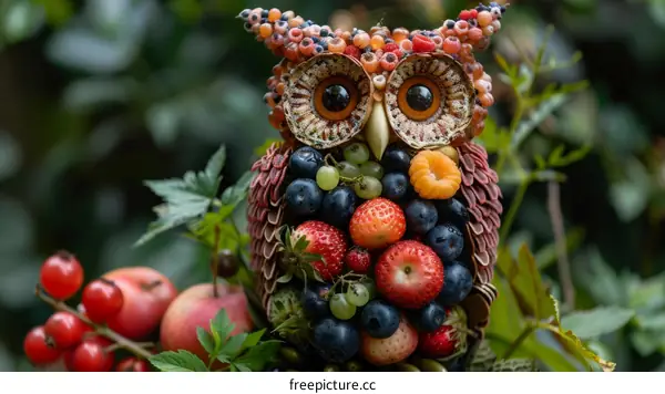 A whimsical owl sculpture made of fruits and vegetables