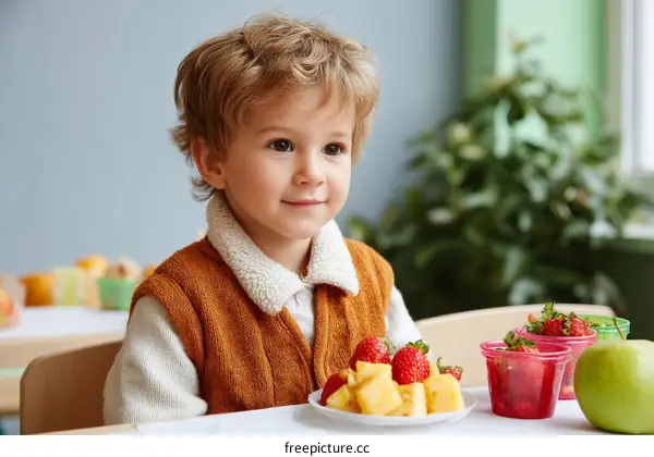 Cute Child Eating Fruits at School