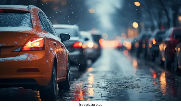 Snowy city street with cars driving in the snow
