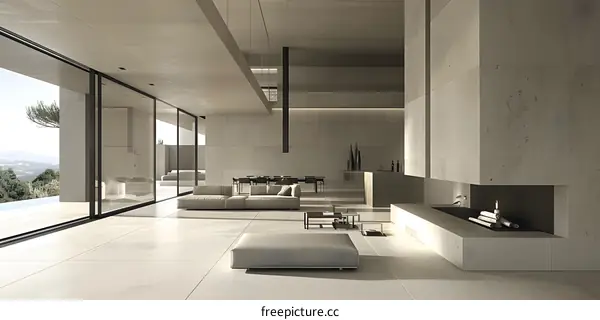Modern Minimalist Interior Design with Fireplace and Patio View
