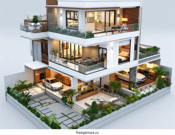 Modern Architectural Design of a Multi-story House with Indoor and Outdoor Spaces