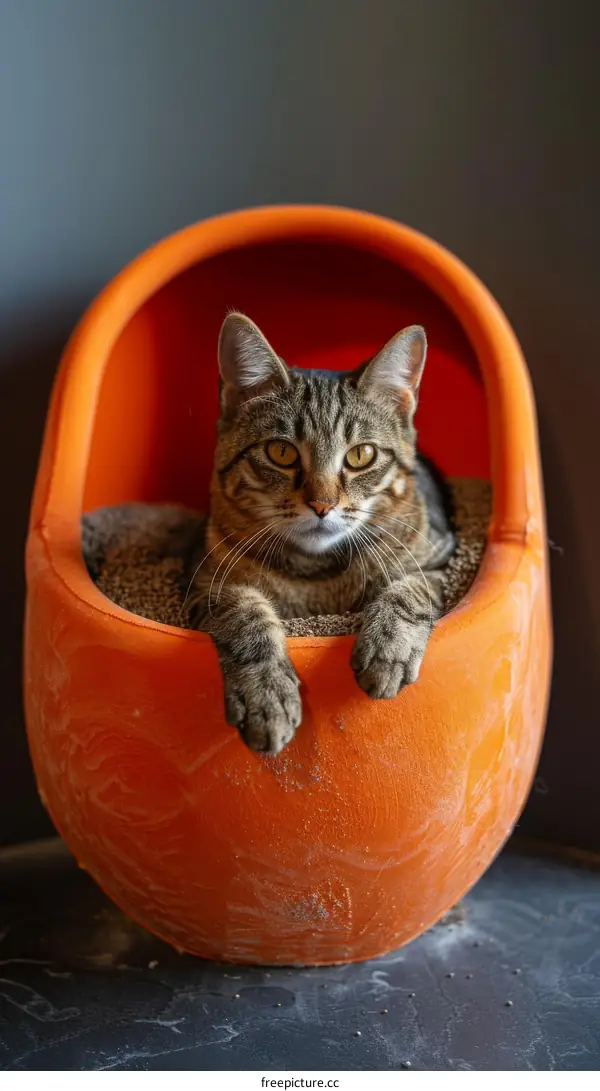 Cat in an orange plastic container