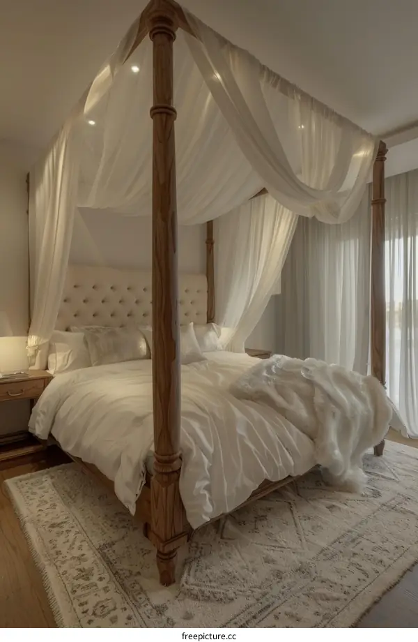 White Bedding and Fur Blanket on a Wooden Four-Poster Bed with Floor-to-Ceiling Window