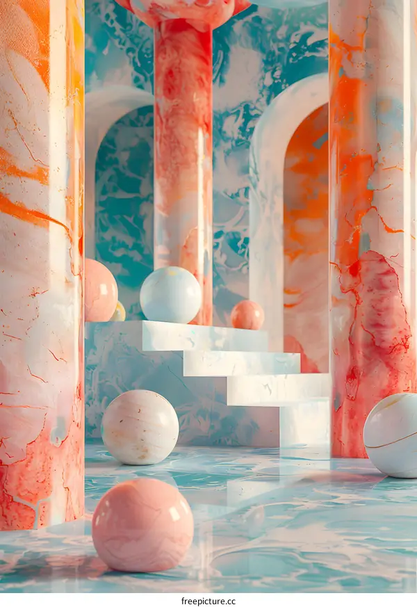 Pink and blue pastel surreal space with podium and columns
