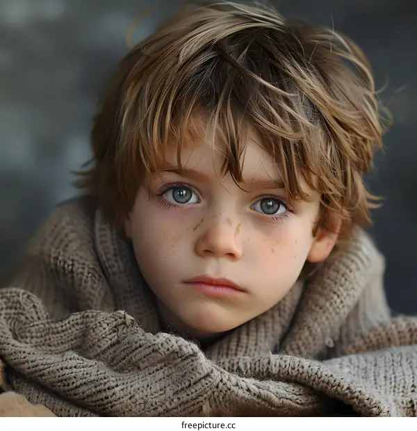Portrait of a young boy with freckles and green eyes