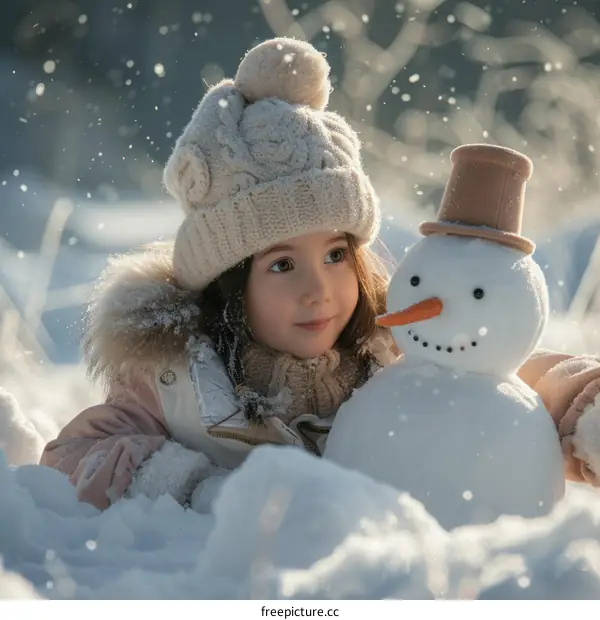 Little girl making a snowman in the snow