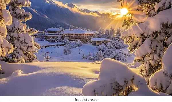 Winter Wonderland Ski Resort at Sunset