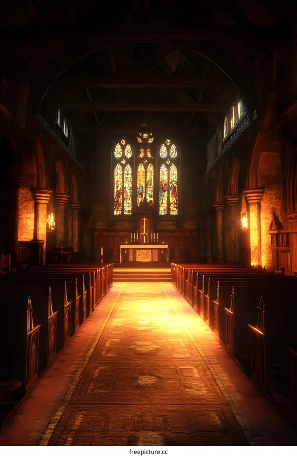 Church Interior With Stained Glass Window