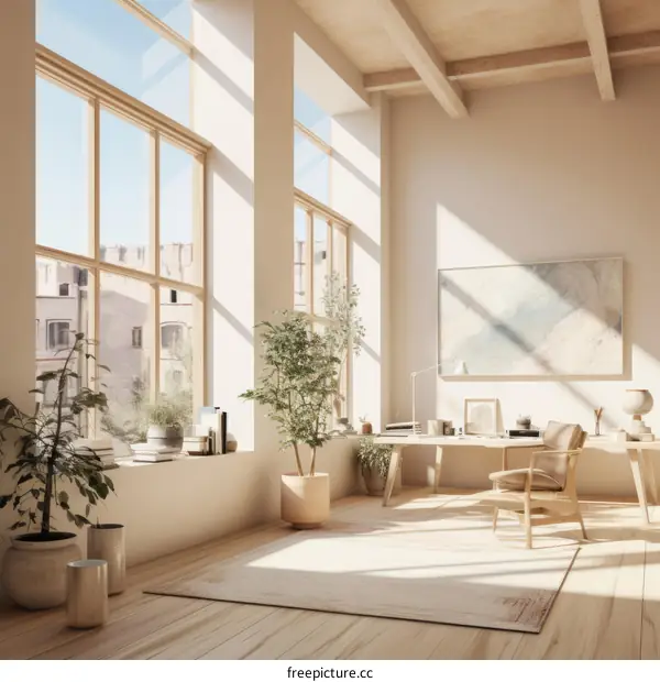 Home office interior with large windows and plants