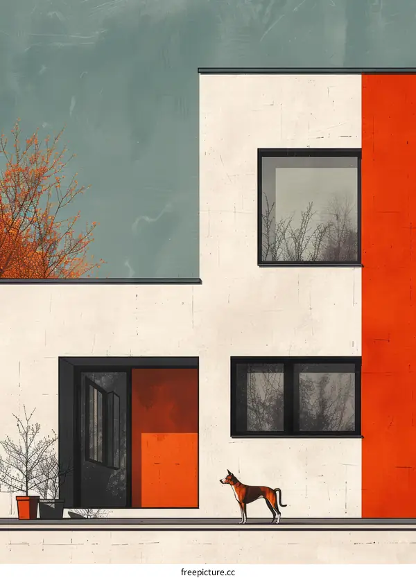 dog standing in front of a house