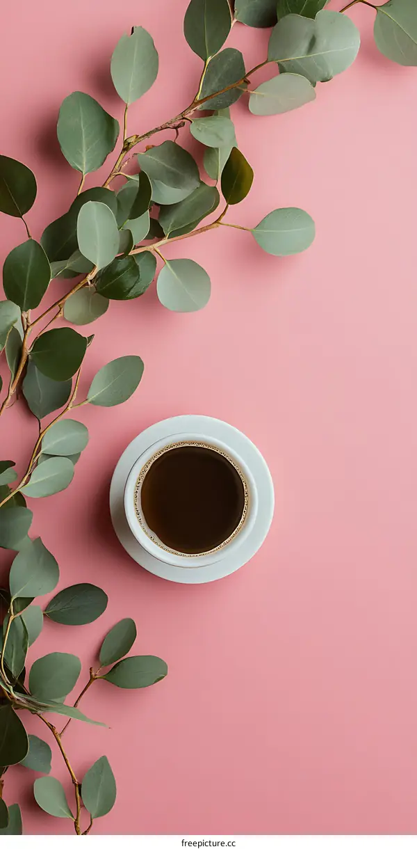 Top View of a Cup of Coffee with Eucalyptus Leaves on a Pink Background