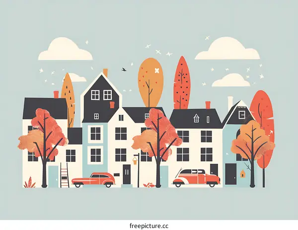 Autumn Village Illustration With Colorful Houses And Cars