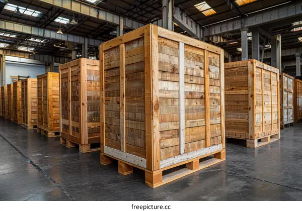 Stacks of wooden shipping crates in a warehouse
