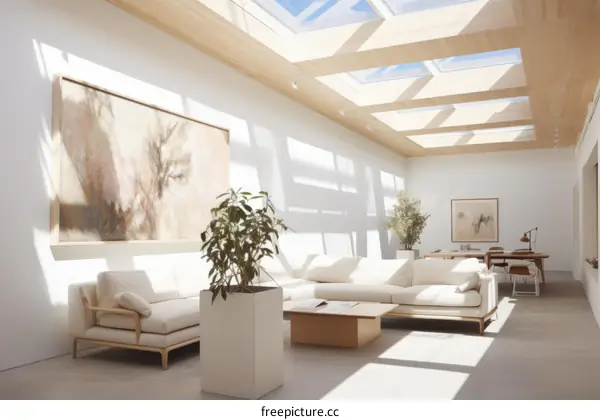 Bright and Airy Living Space With High Ceilings and Skylights