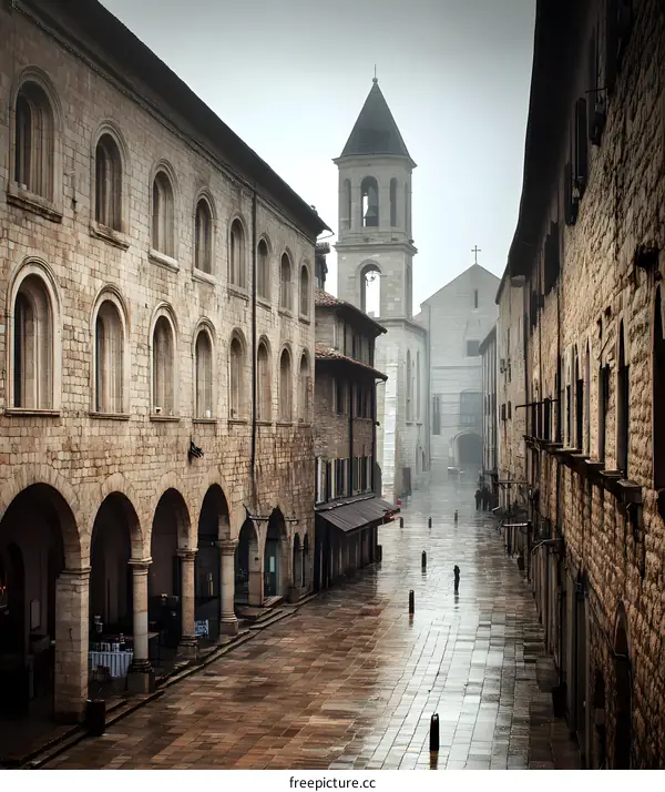 Empty Street in Old European Town with Stone Buildings