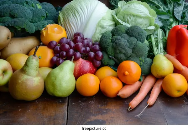 A variety of fresh fruits and vegetables are arranged on a wooden table.